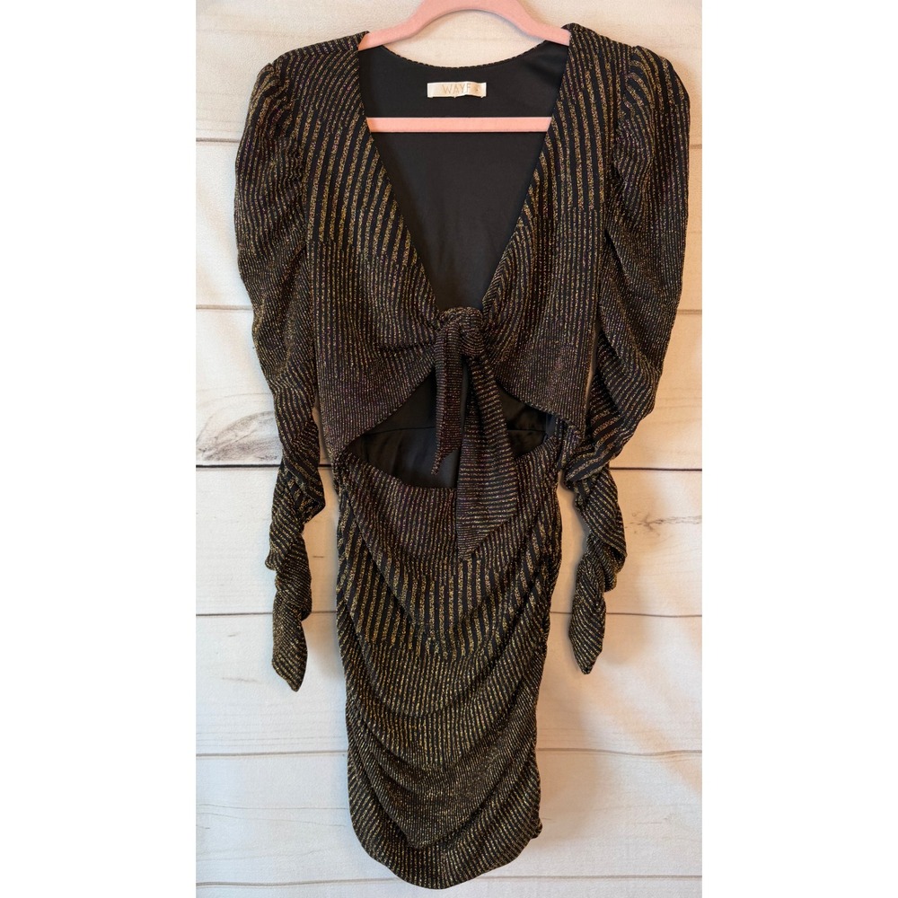 WAYF Womens Black Gold Metallic Stripe Cutout Ruched Mini Dress 1968NWCH-E05